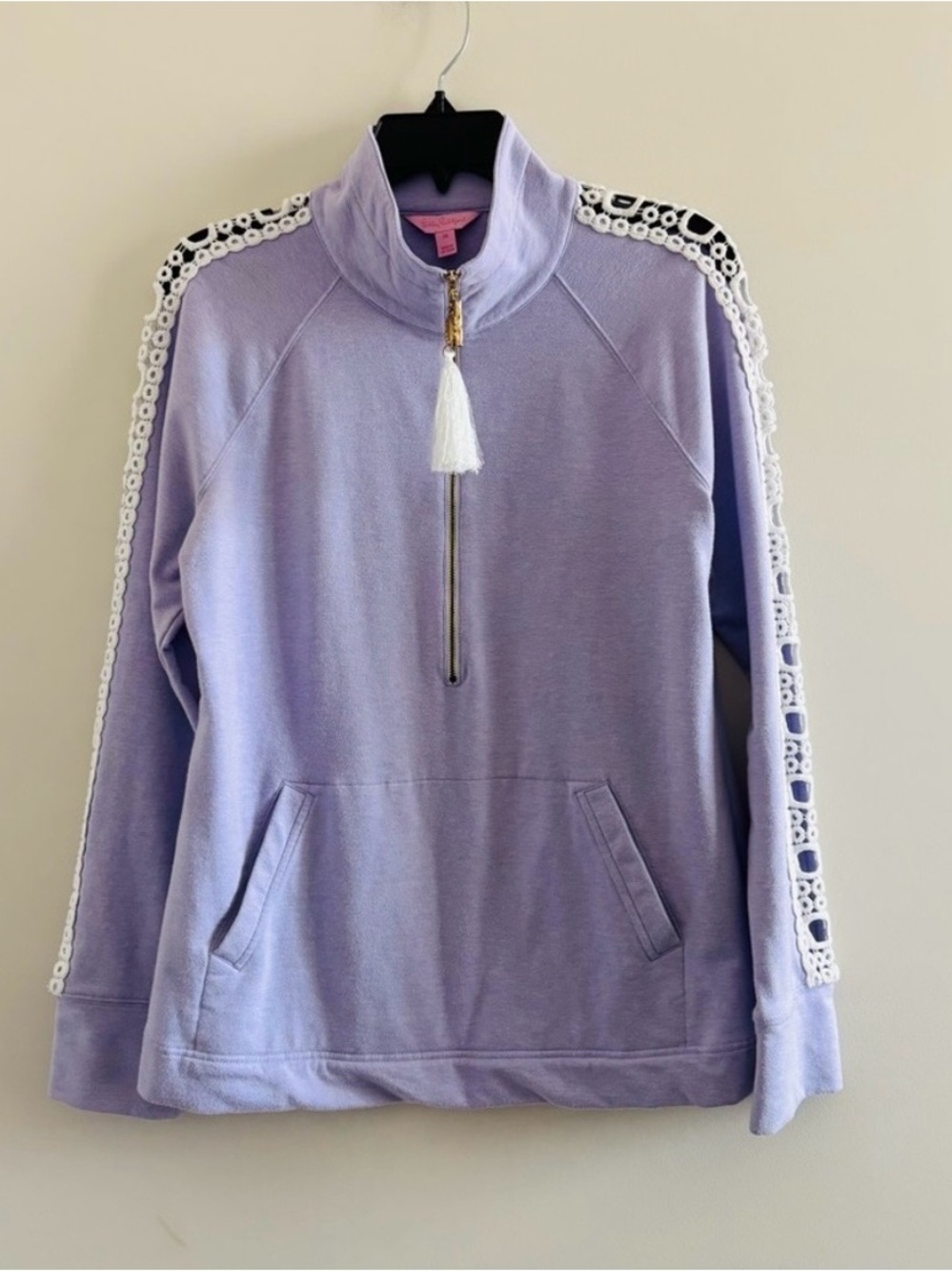 Lilly Pulitzer Lavender Half-Zip Tassel Pullover with White Lace Trim